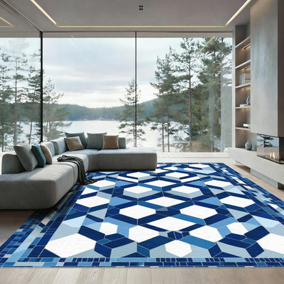 Cool Blue Geometric Interlocking Diamond Rug