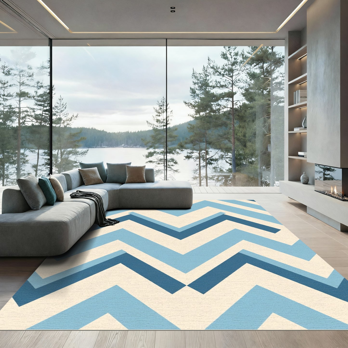 Modern Cream Blue Chevron Rug