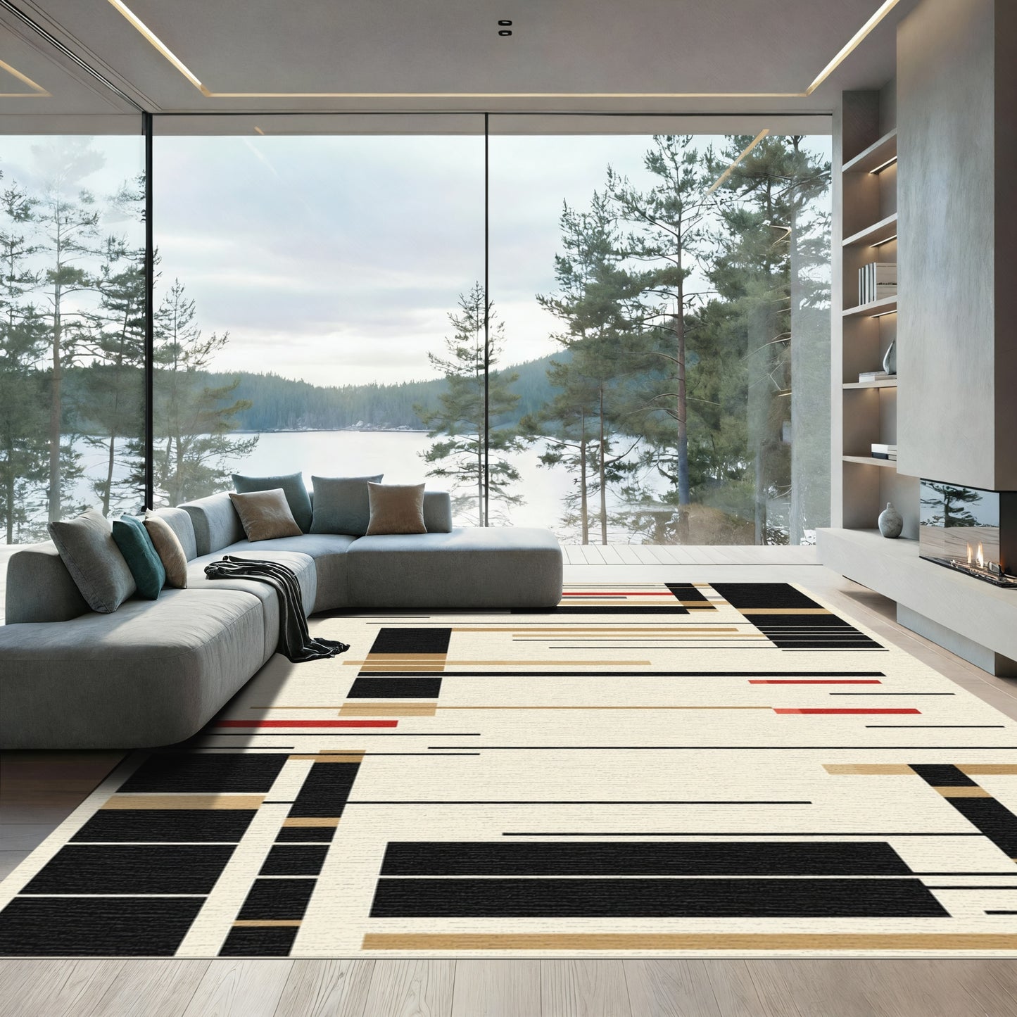 Geometric Red Gold Black Layout Rug