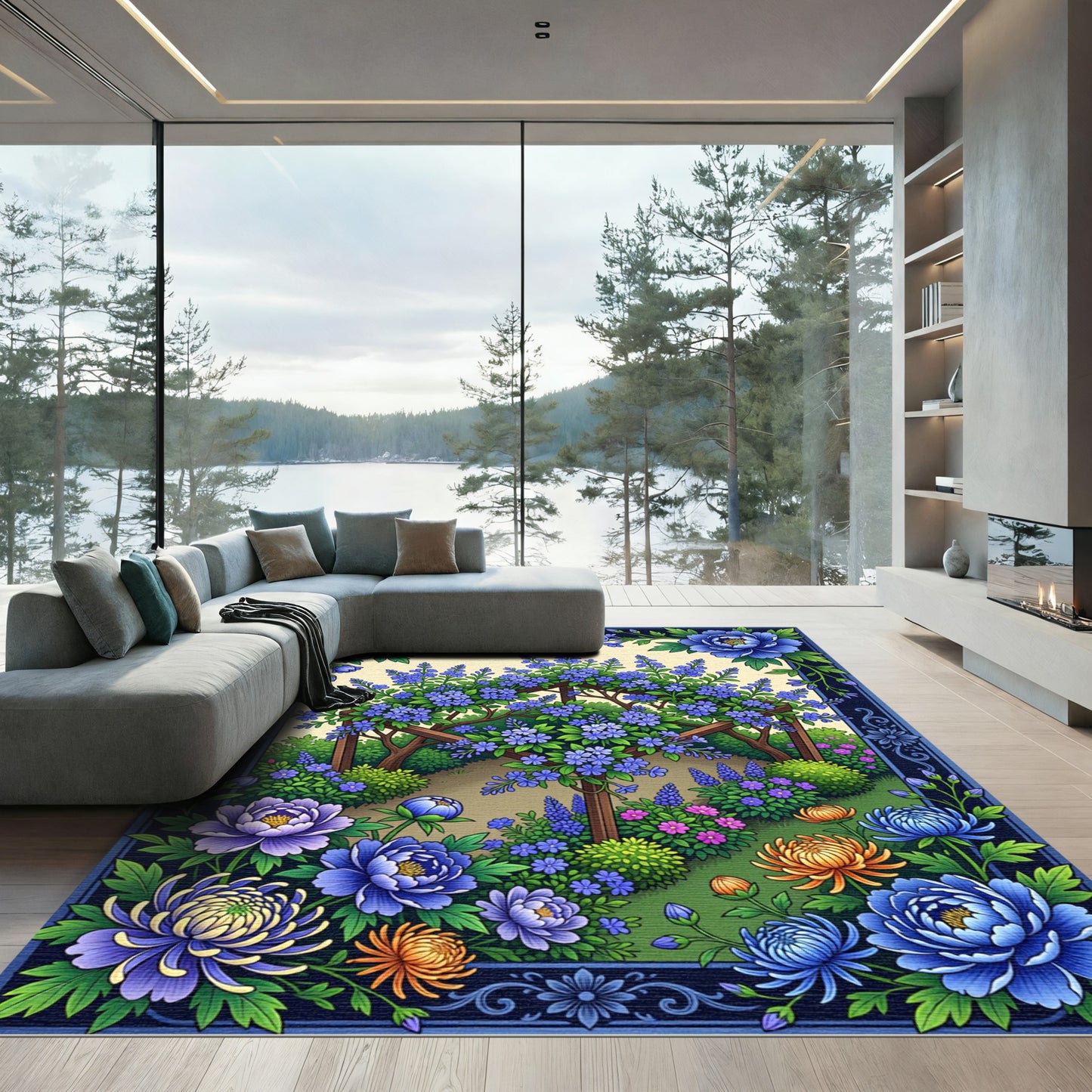 Botanical Blue Peony Garden Trellis Rug