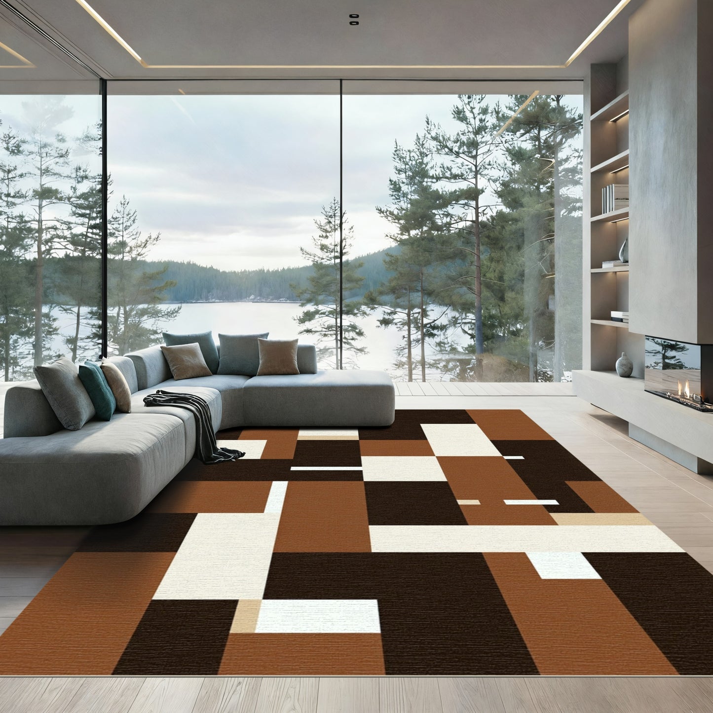 Modern Abstract Earthy Brown Block Grid Rug