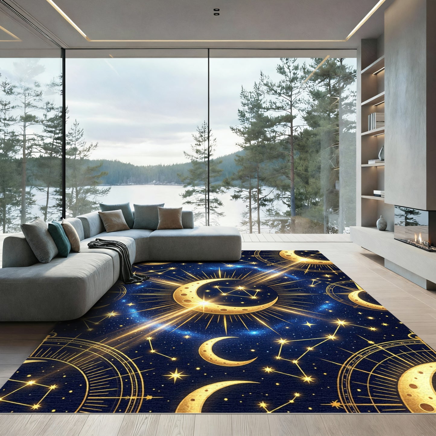 Celestial Golden Crescent Moon Starry Skies Rug