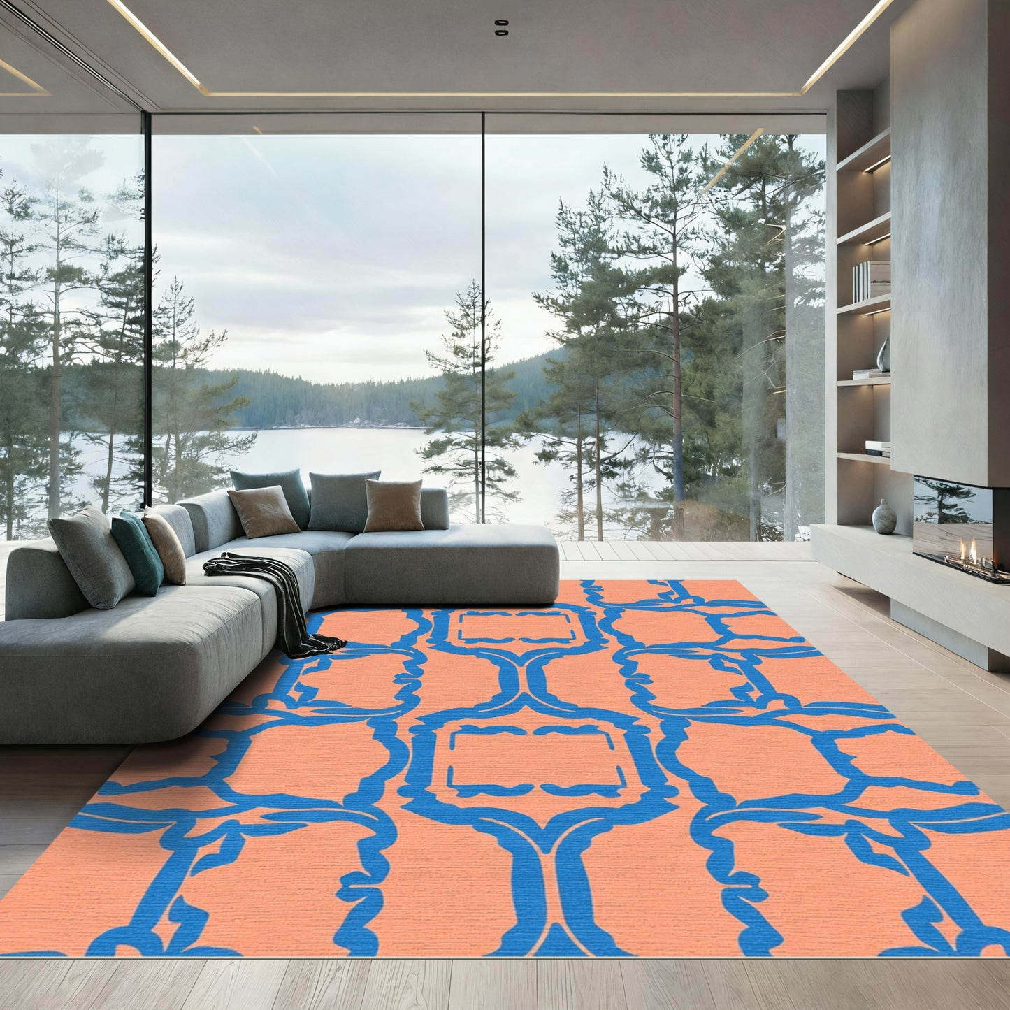 Coral Blue Geometric Lattice Rug