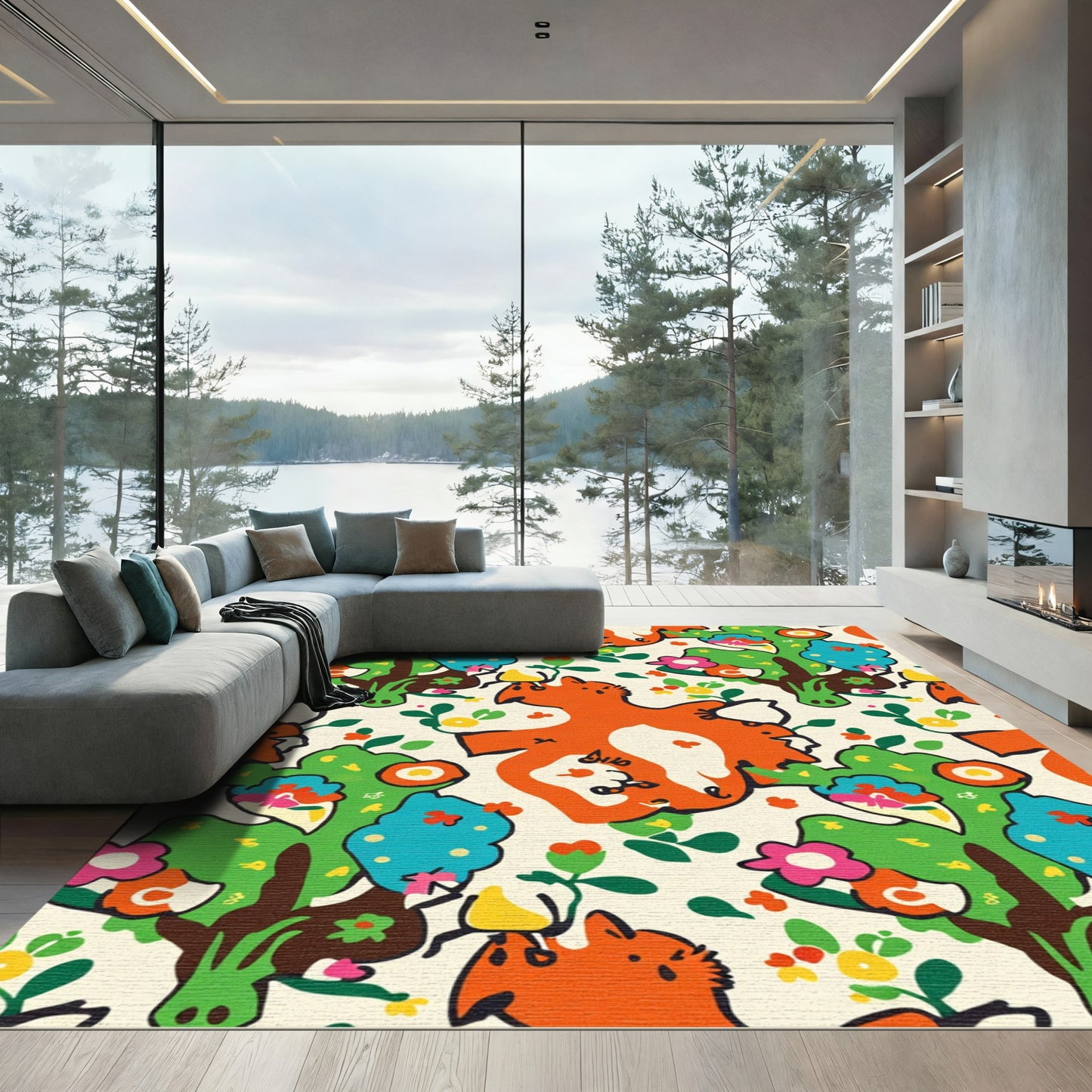 Whimsical Orange Fox Floral Grove Rug