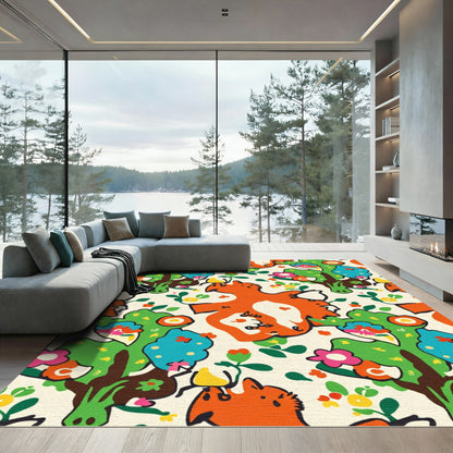 Whimsical Orange Fox Floral Grove Rug