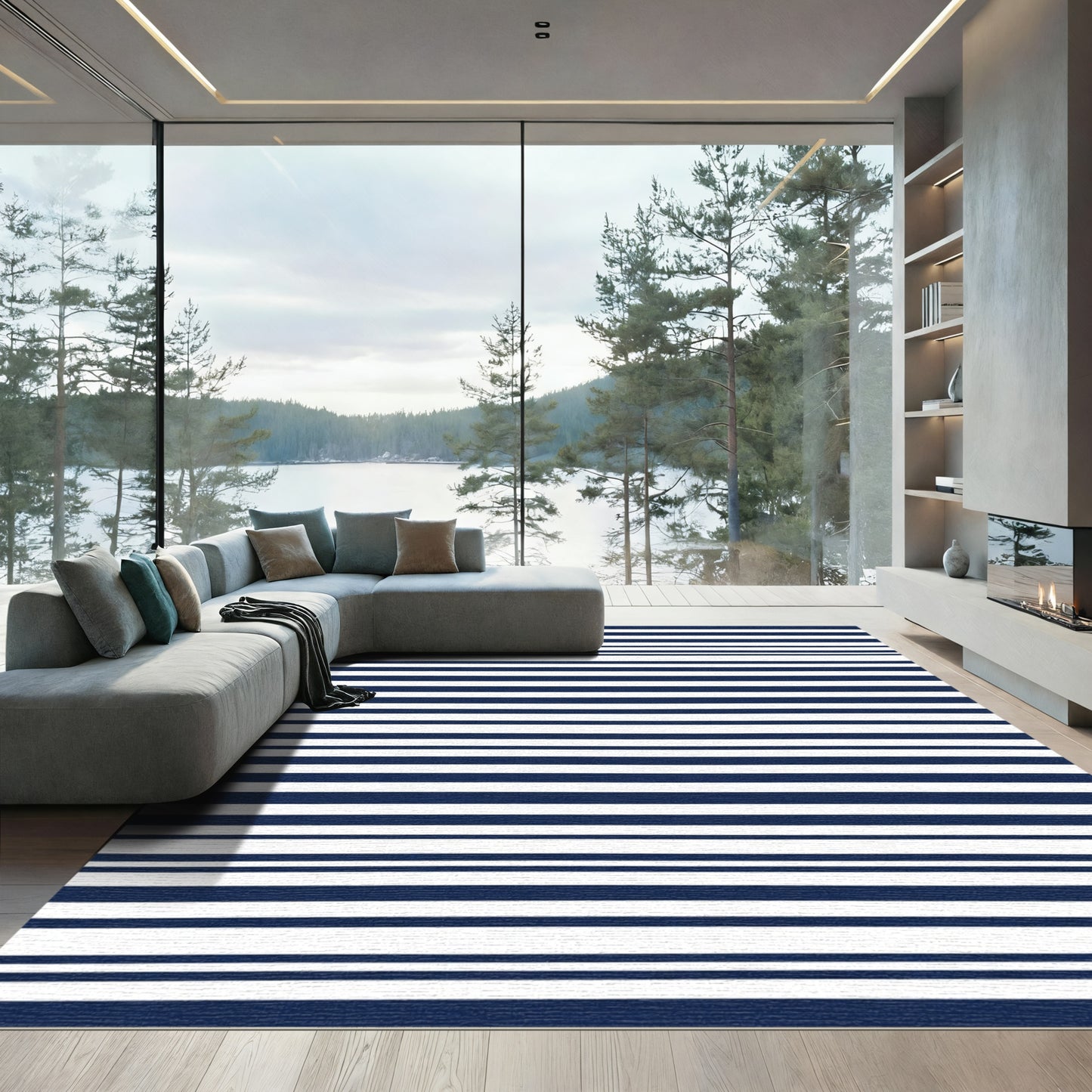 Navy White Uneven Stripe Rug