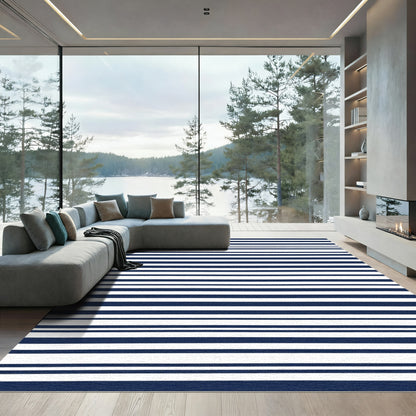 Navy White Uneven Stripe Rug