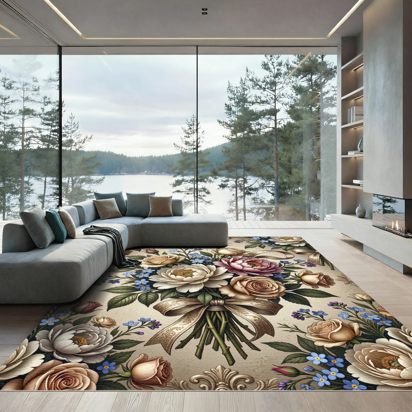 Cream Rose and Blue Forget-Me-Not Bouquet Rug