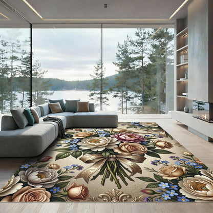 Cream Rose and Blue Forget-Me-Not Bouquet Rug