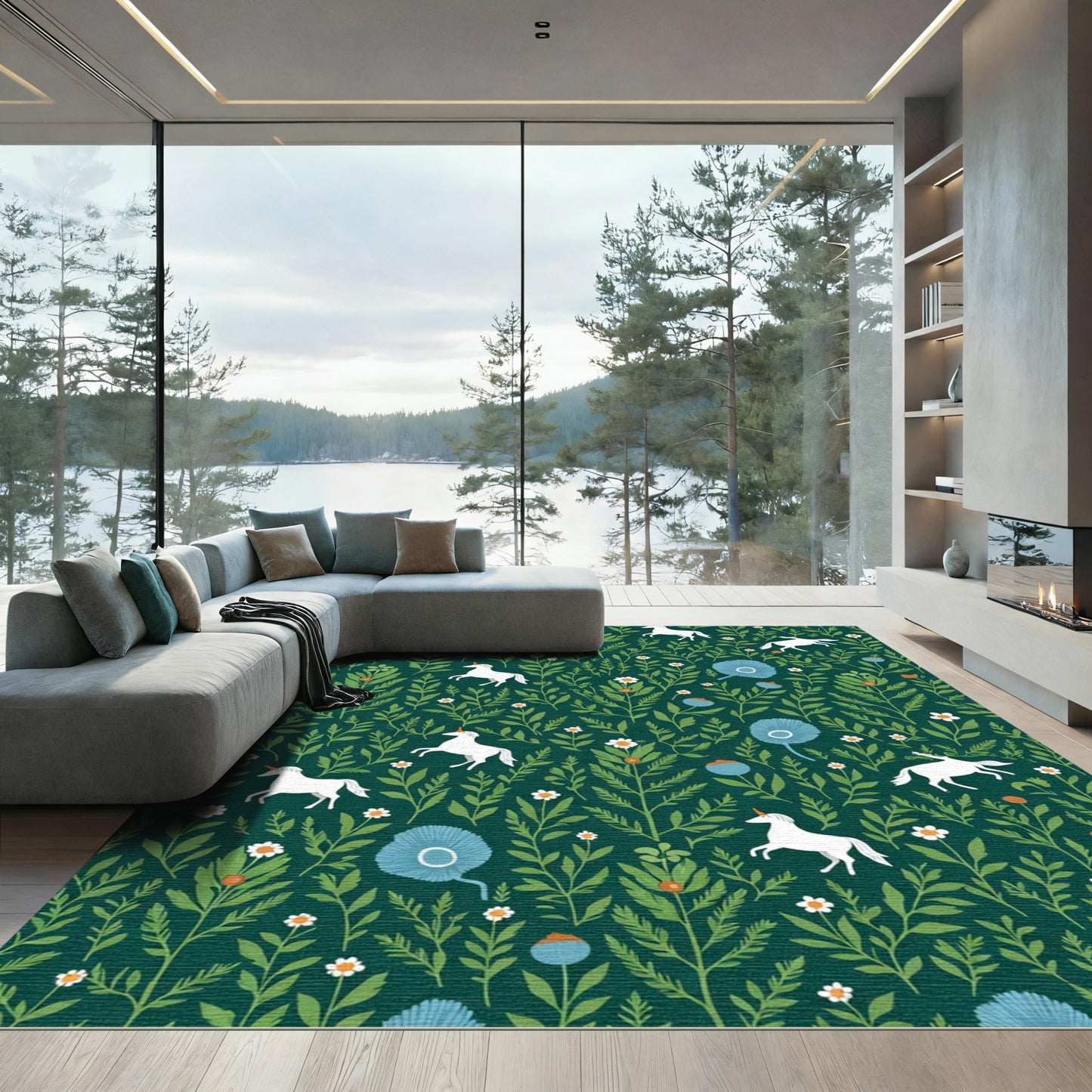 Green Unicorns and White Flowers Garden Rug