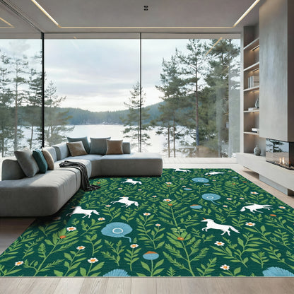 Green Unicorns and White Flowers Garden Rug