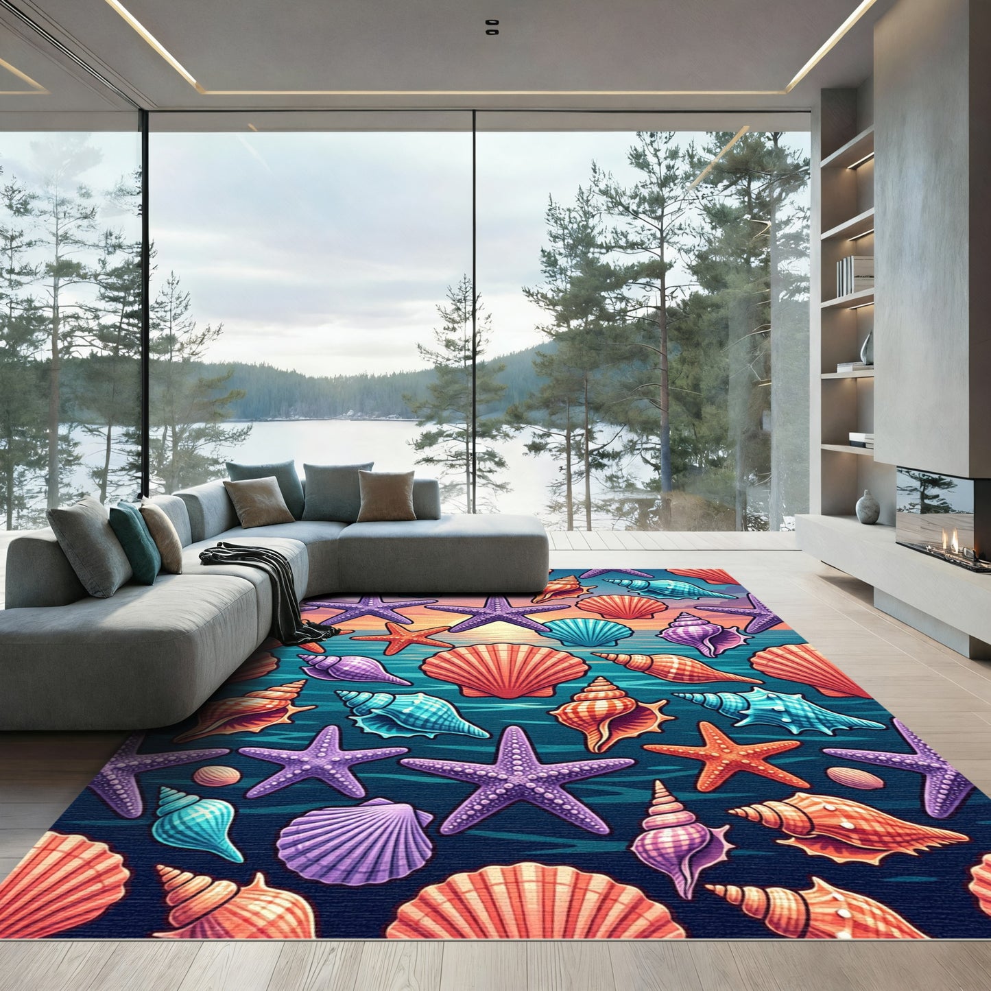 Vibrant Tropical Seashell and Starfish Illustration Rug