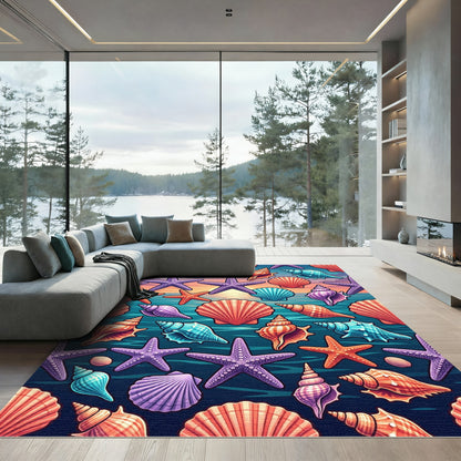 Vibrant Tropical Seashell and Starfish Illustration Rug