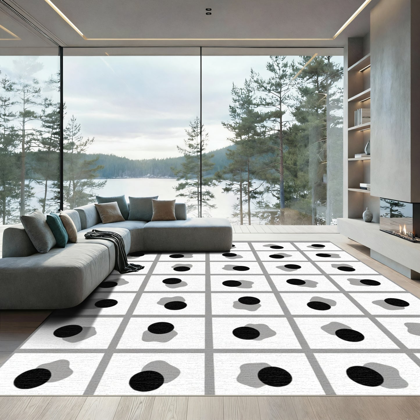 Monochromatic Black Gray Blob Circles Rug