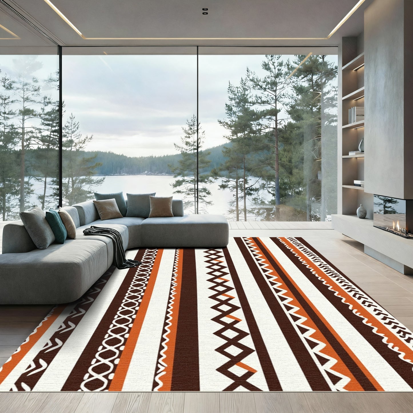 Striped Earthy Orange Tribal Geometric Rug