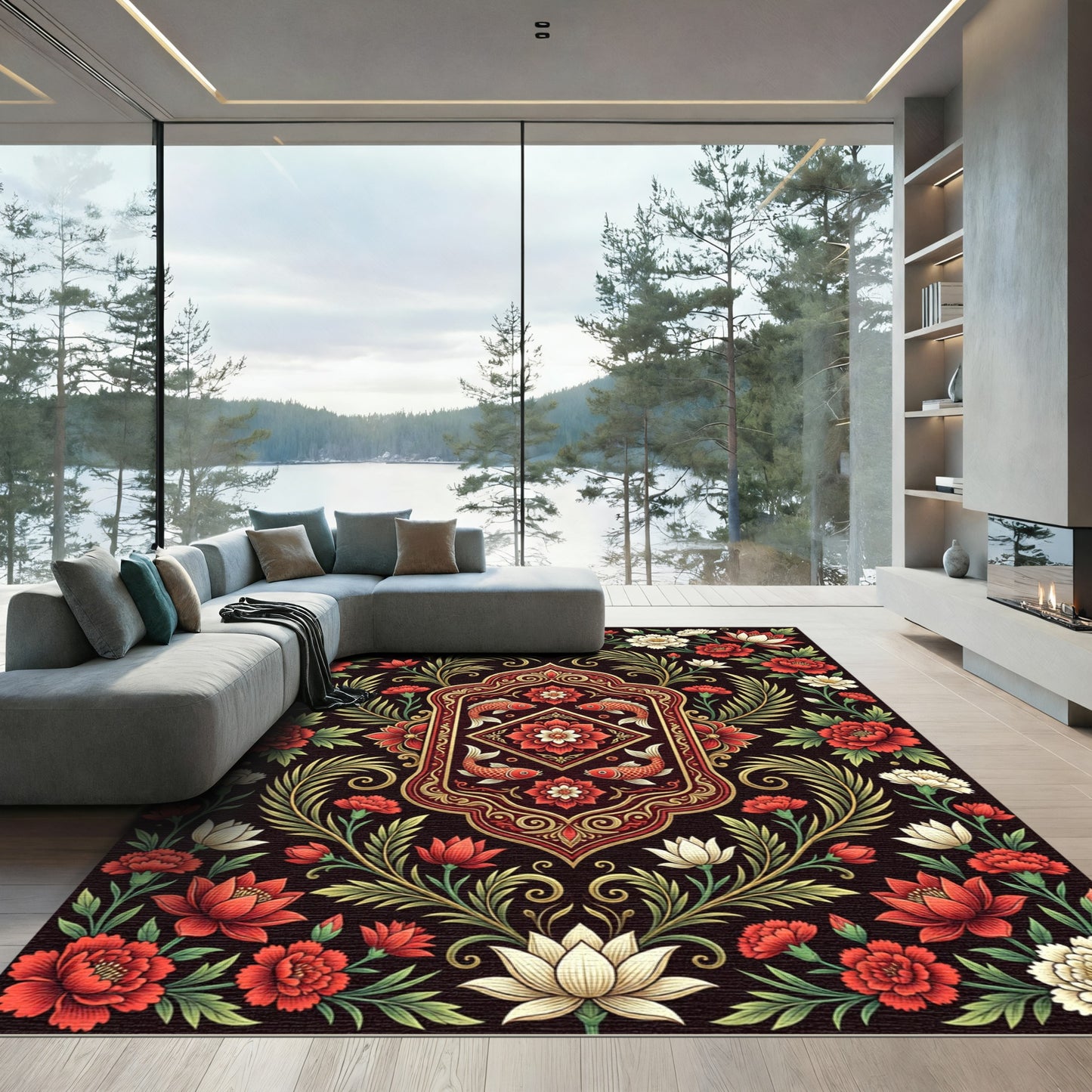 Onyx Floral Koi Carp Medallion Rug