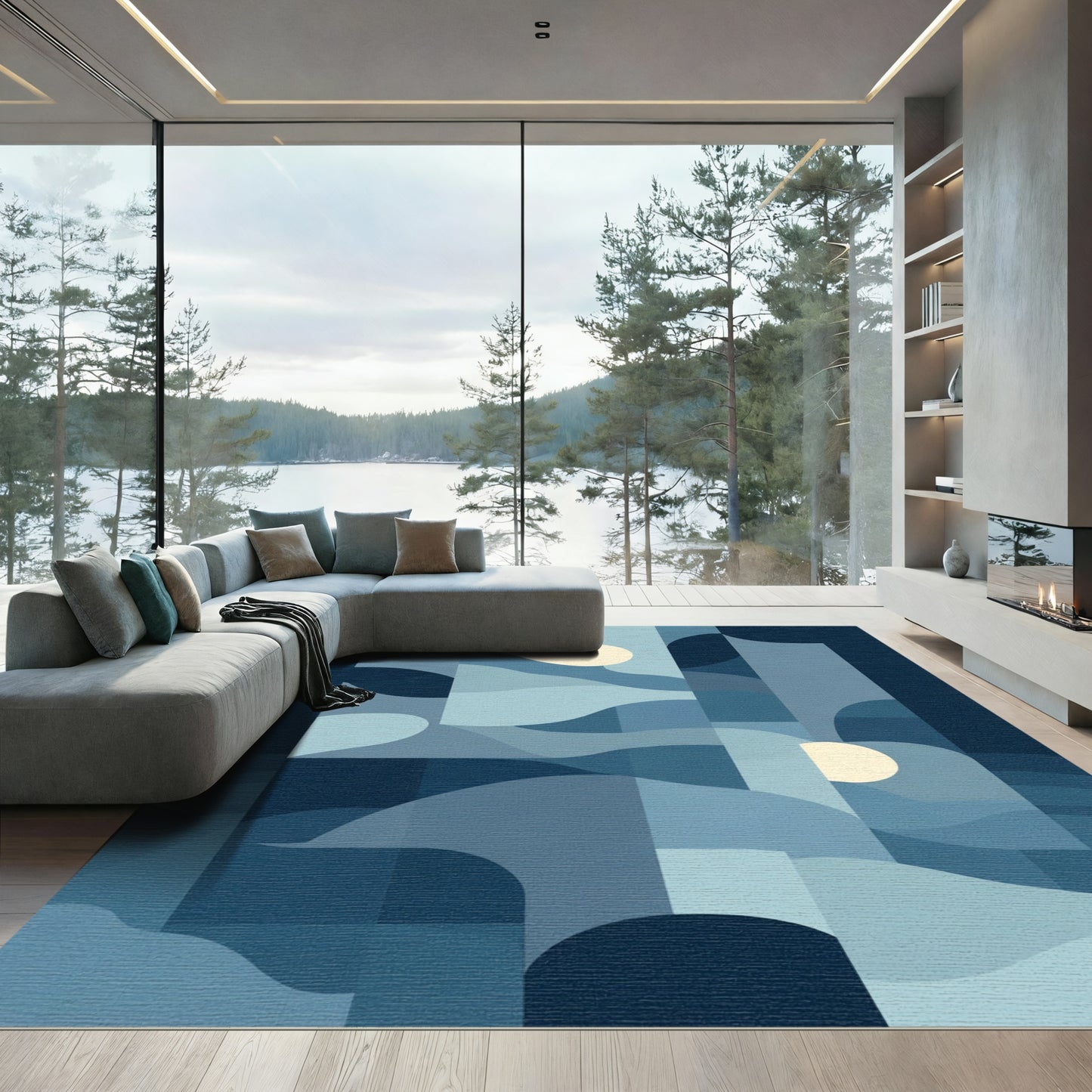 Abstract Blue Sunset Waves Rug