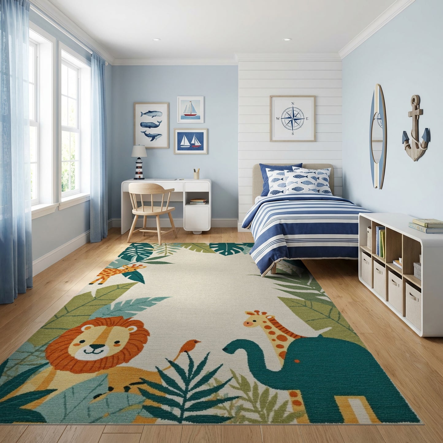 Whimsical Jungle Animals Lush Foliage Rug