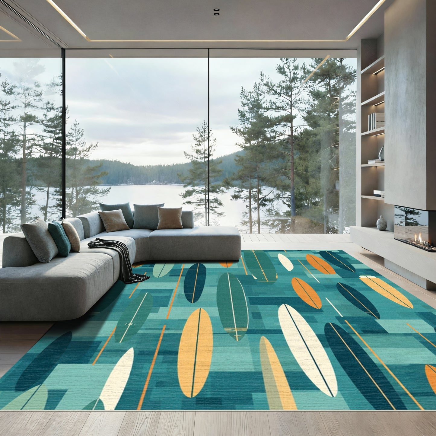 Surfboard Collage In Teal Orange Rug