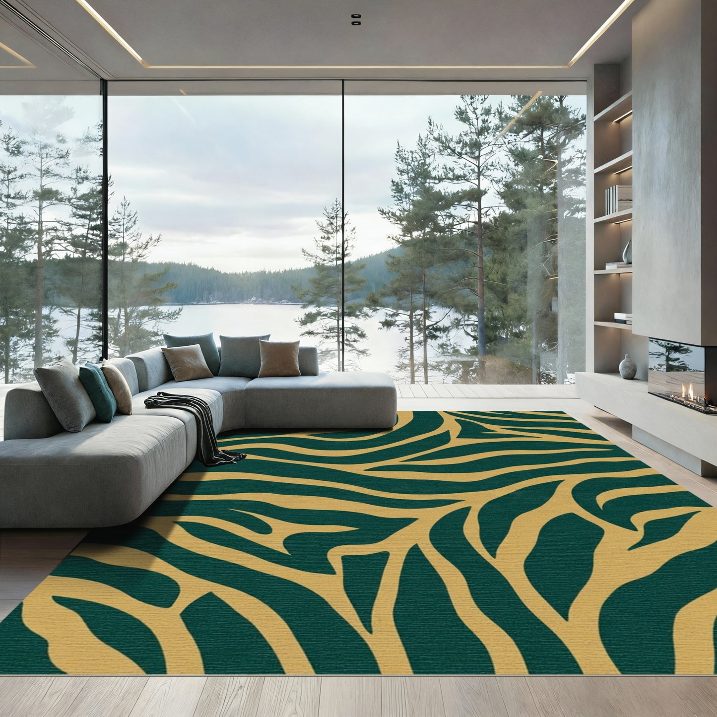 Deep Teal Gold Zebra Stripes Rug