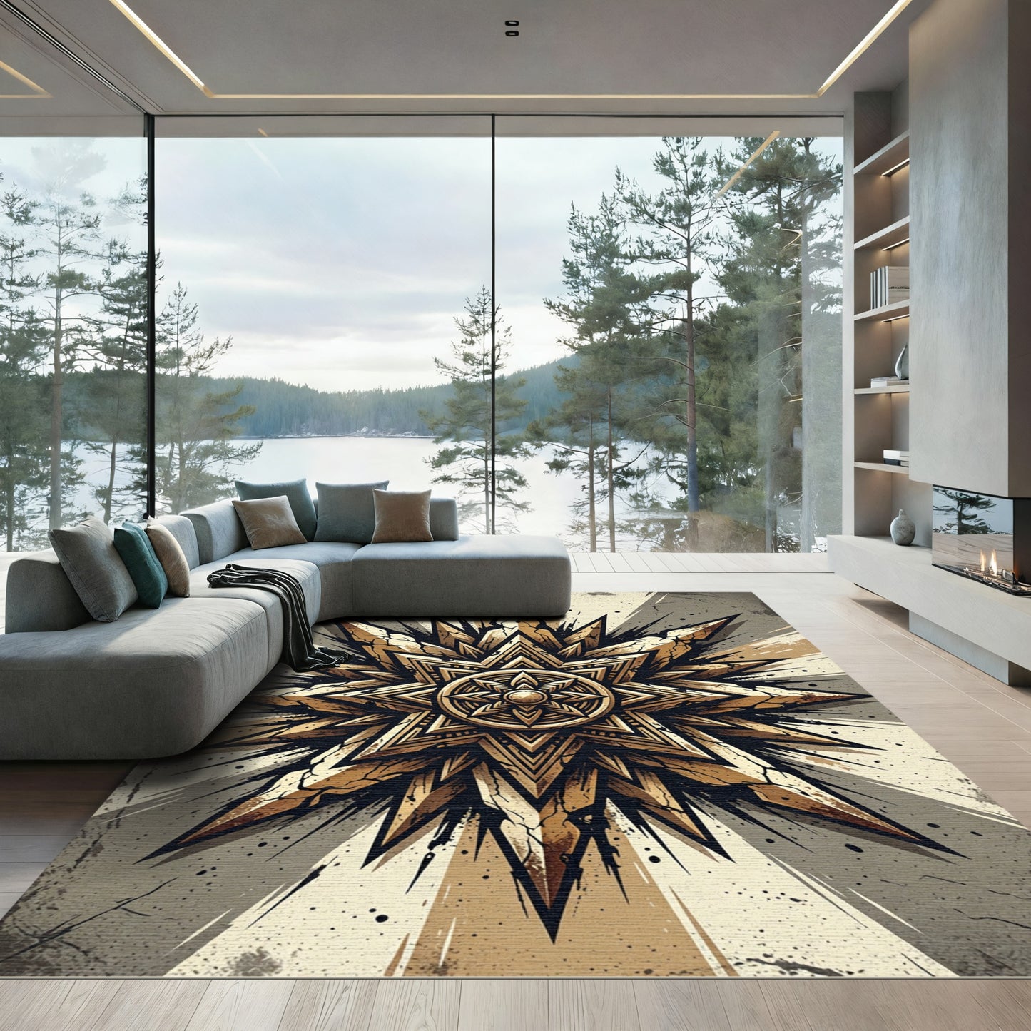 Golden Celestial Geometric Sunburst Medallion Rug