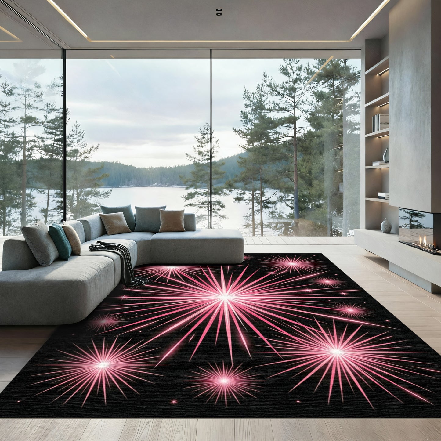 Radiant Pink Fireworks Celestial Sky Rug