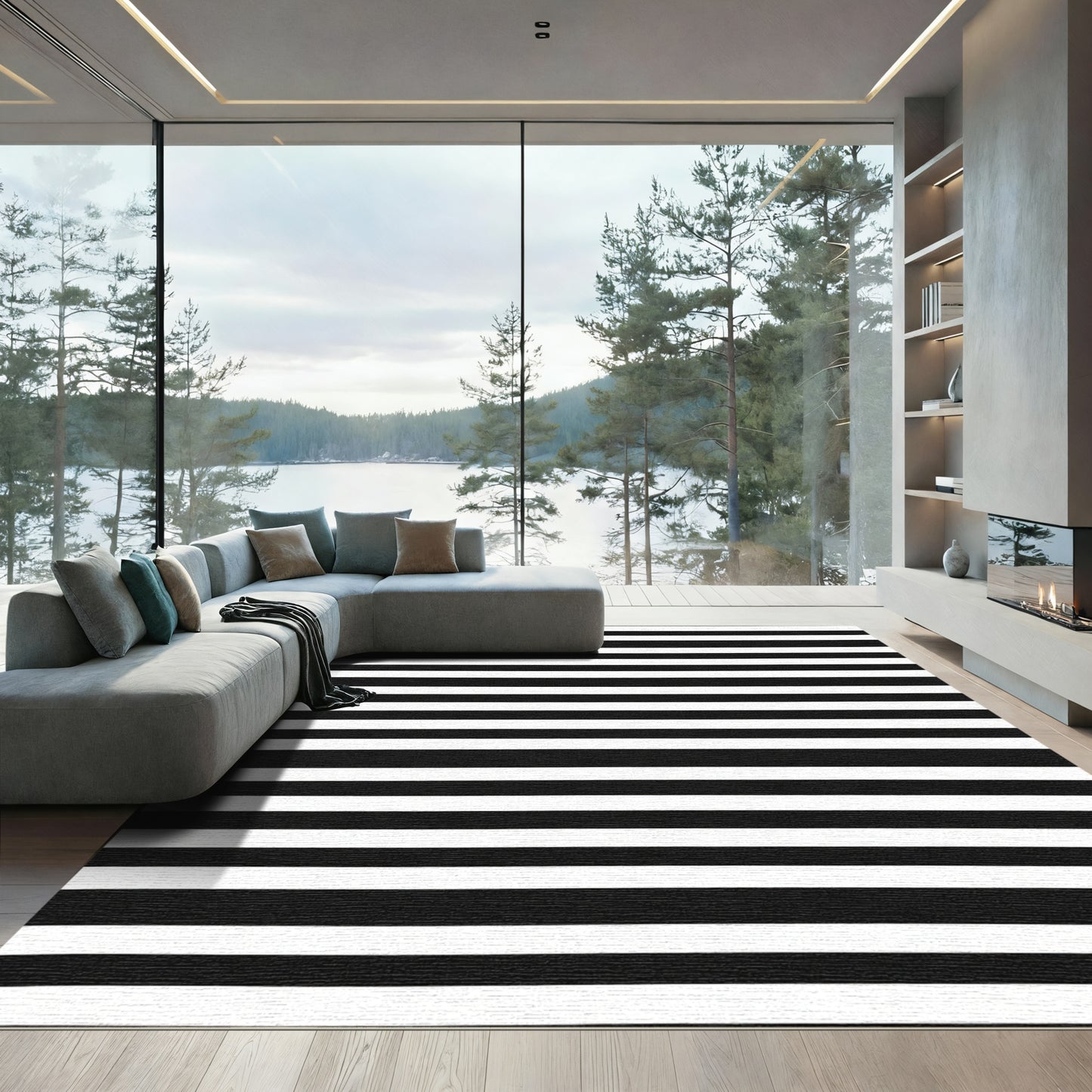 Graphic Black White Horizontal Lines Rug
