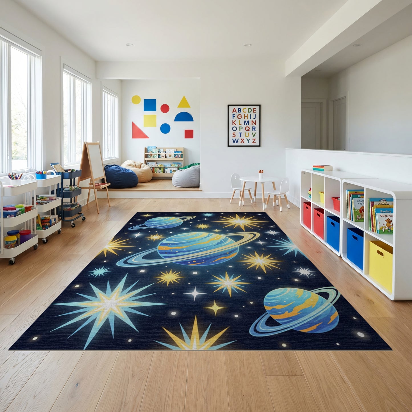 Cosmic Blue Ringed Planets Stars Rug