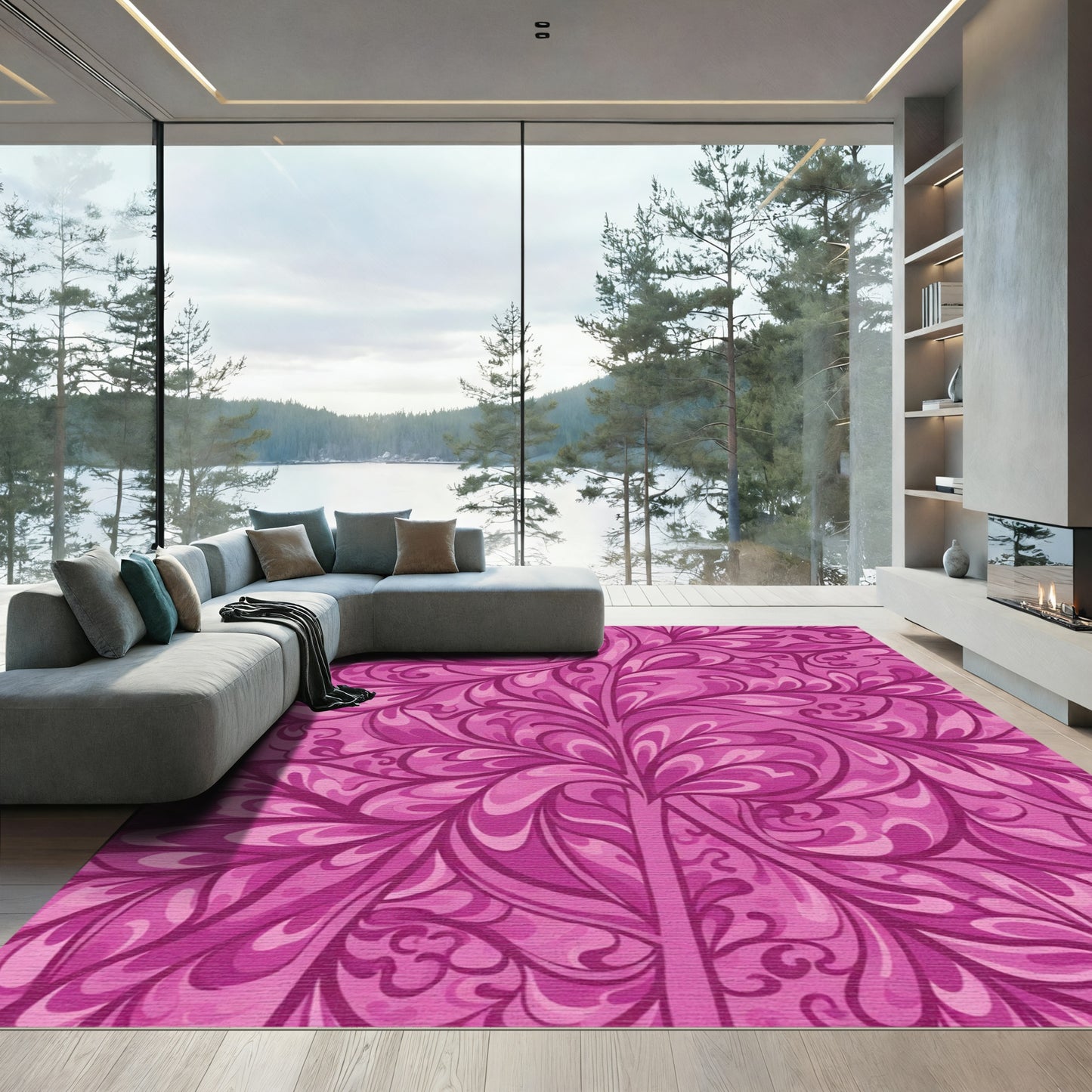 Vibrant Pink Swirling Floral Rug
