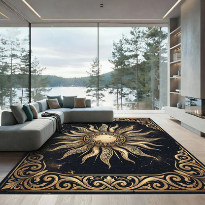 Ornate Celestial Sun Gold Black Rug