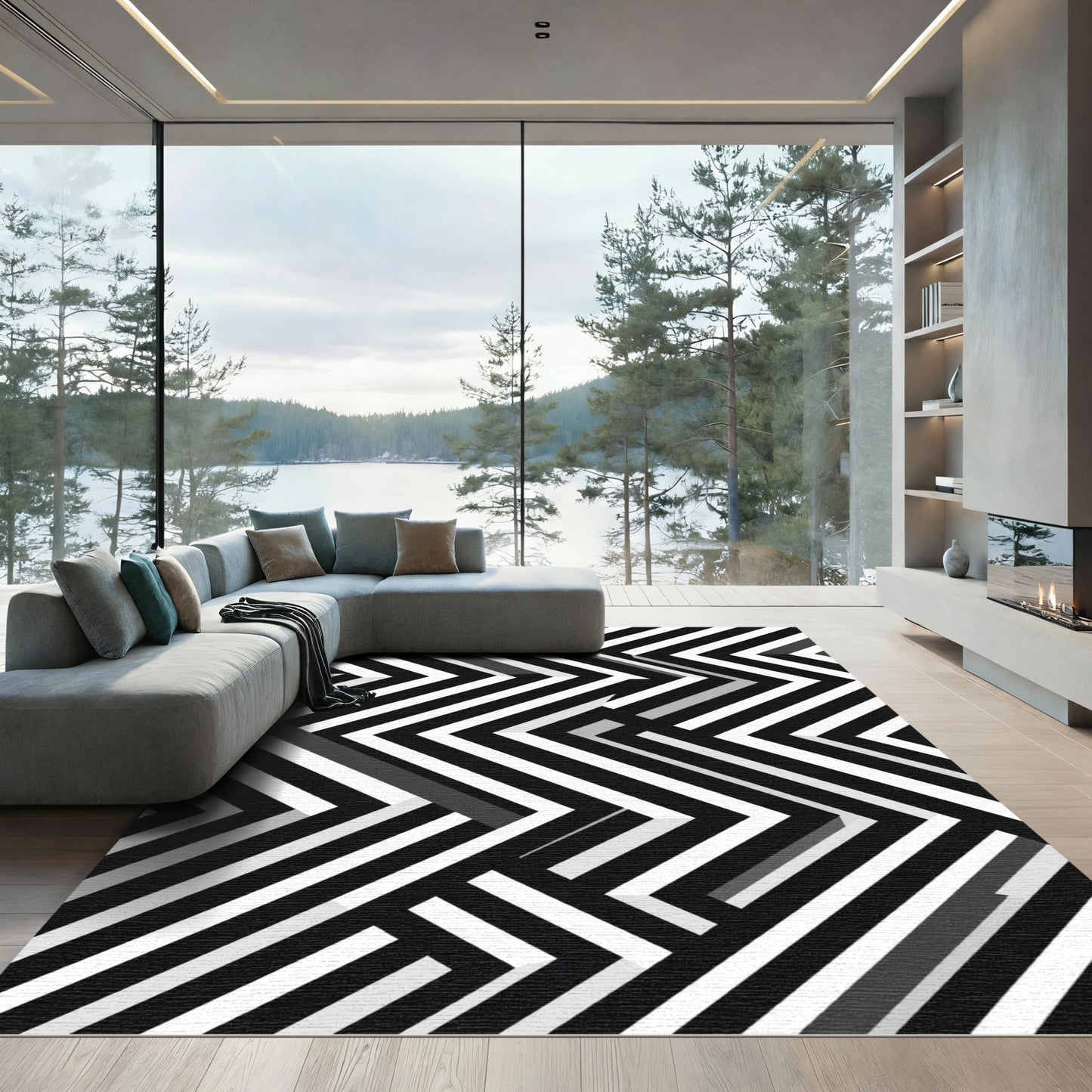 Monochrome Geometric Chevron Abstract Rug