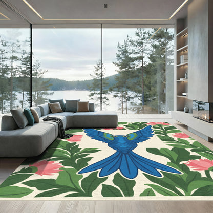 Vibrant Blue Bird Tropical Floral Medallion Rug