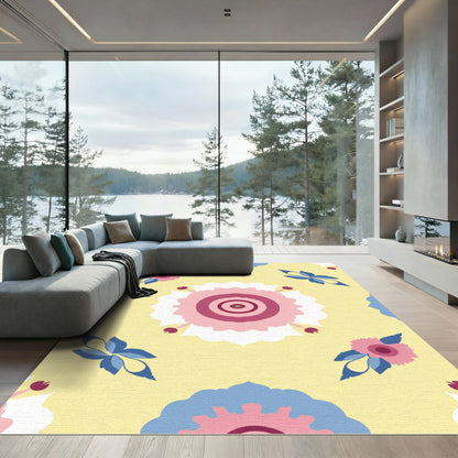Pink Blue Floral Medallion Yellow Surface Rug
