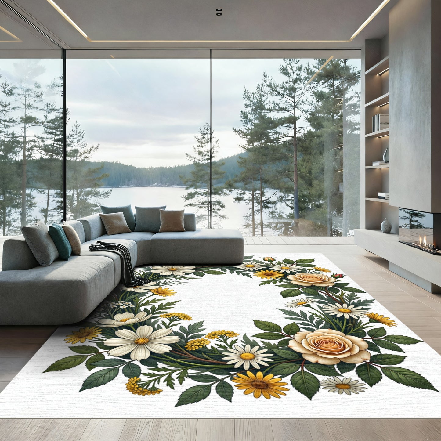 Elegant Cream Rose and Daisy Wreath Rug