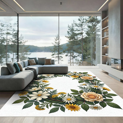 Elegant Cream Rose and Daisy Wreath Rug