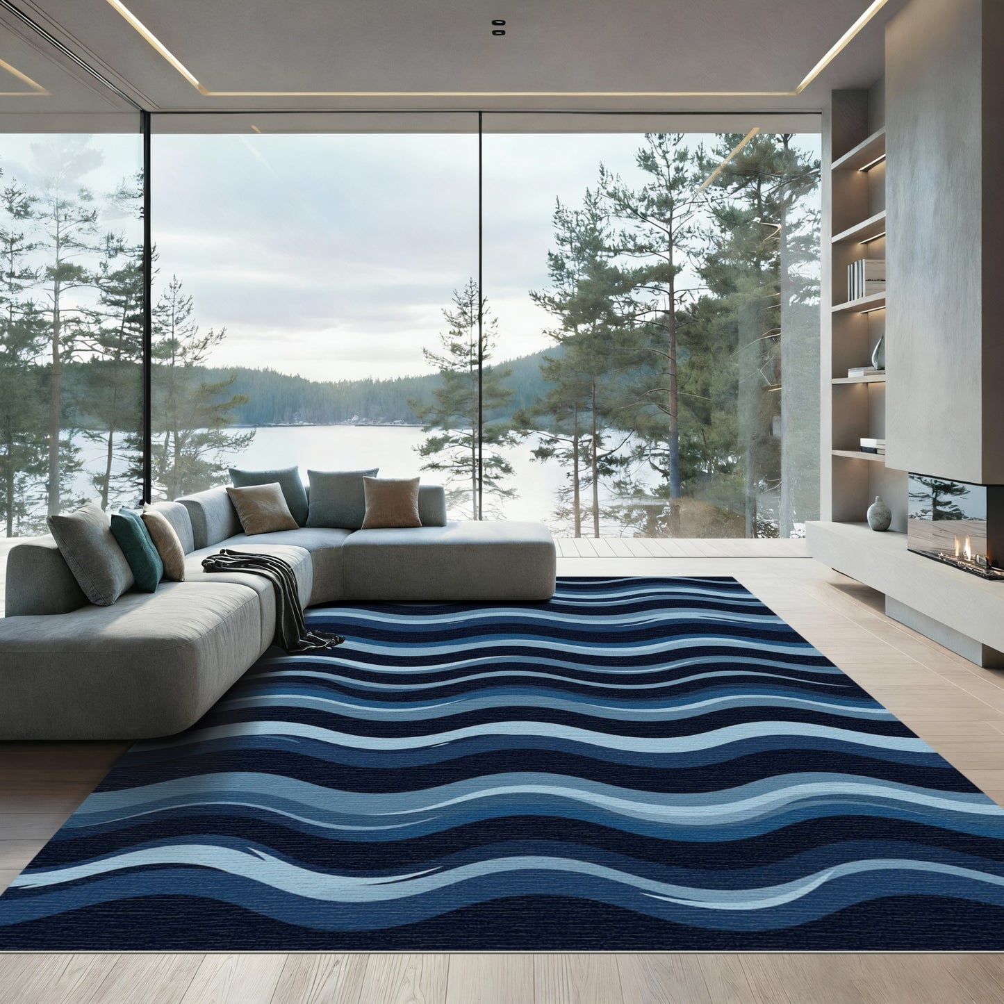 Deep Blue Gradient Wave Composition Rug