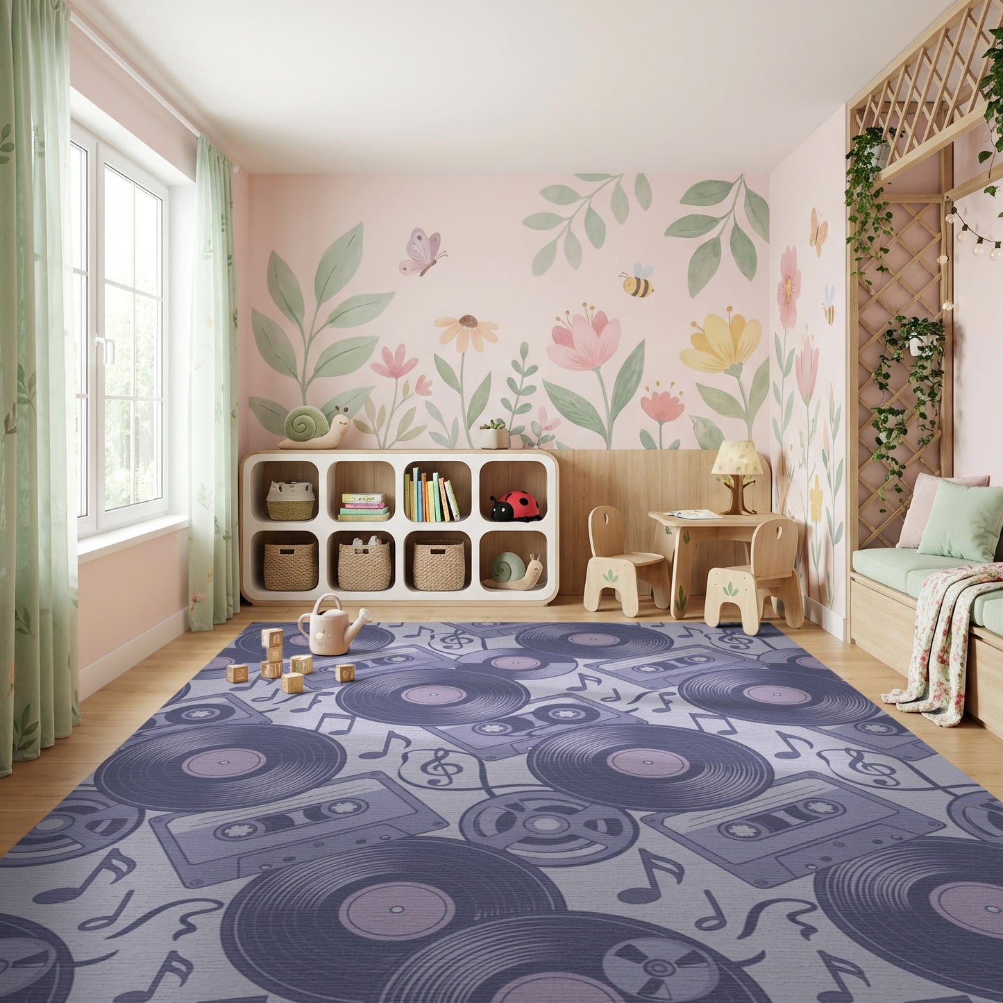 Retro Purple Vinyl Records Cassettes Rug