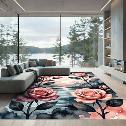 Watercolor Blush Rose Floral Landscape Rug