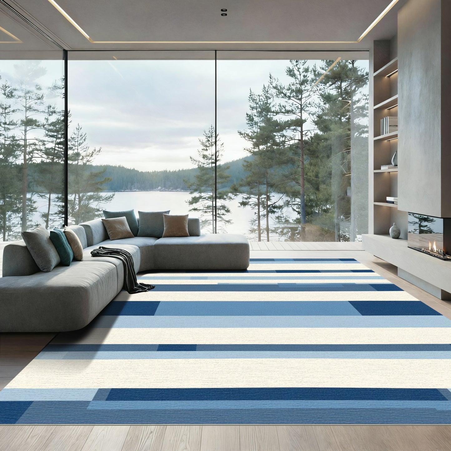 Coastal Blue Horizontal Bar Stripe Rug