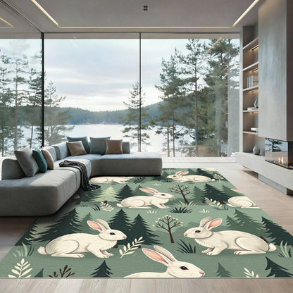 Whimsical White Bunny Forest Landscape Rug