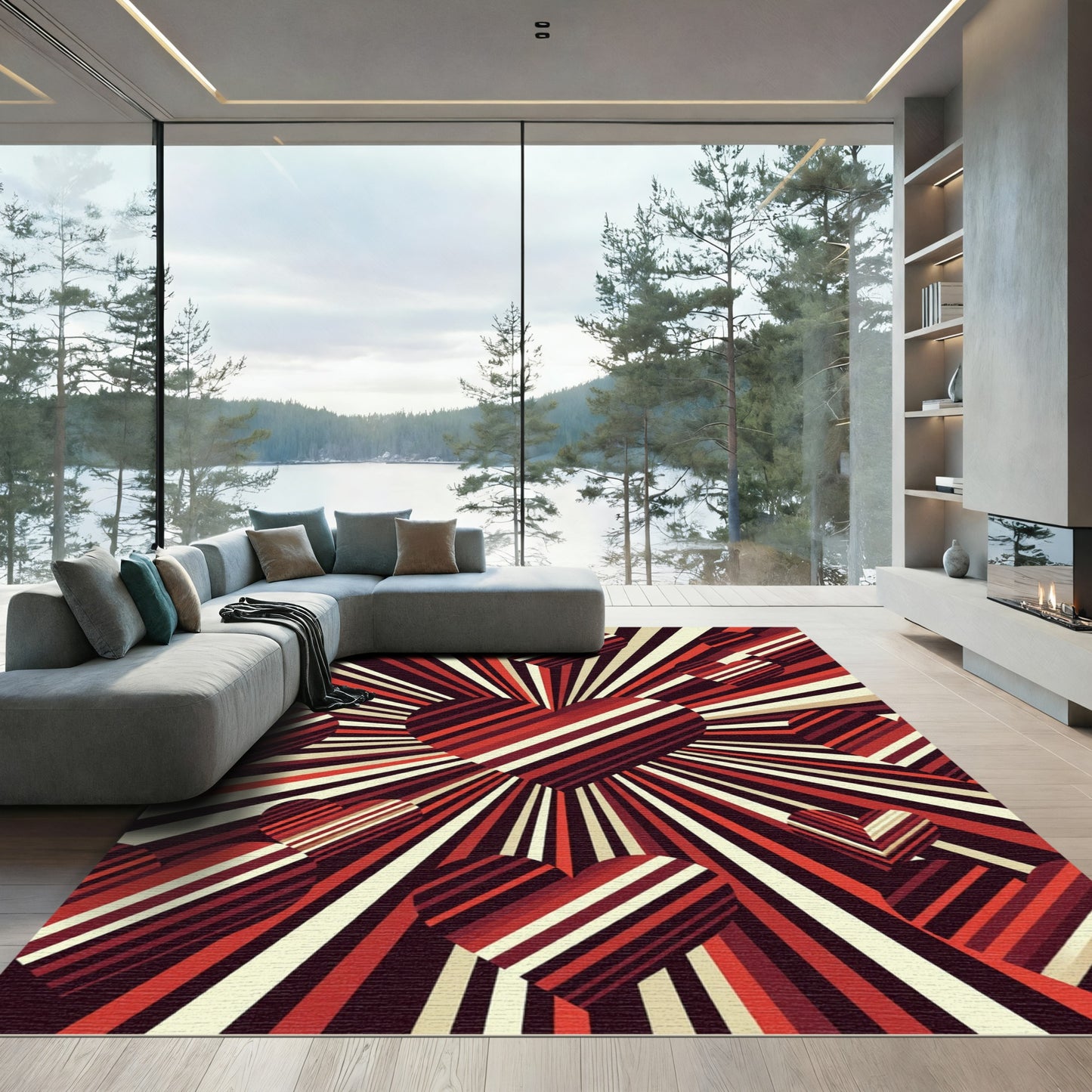 Radiant Crimson Heartburst Striped Art Rug