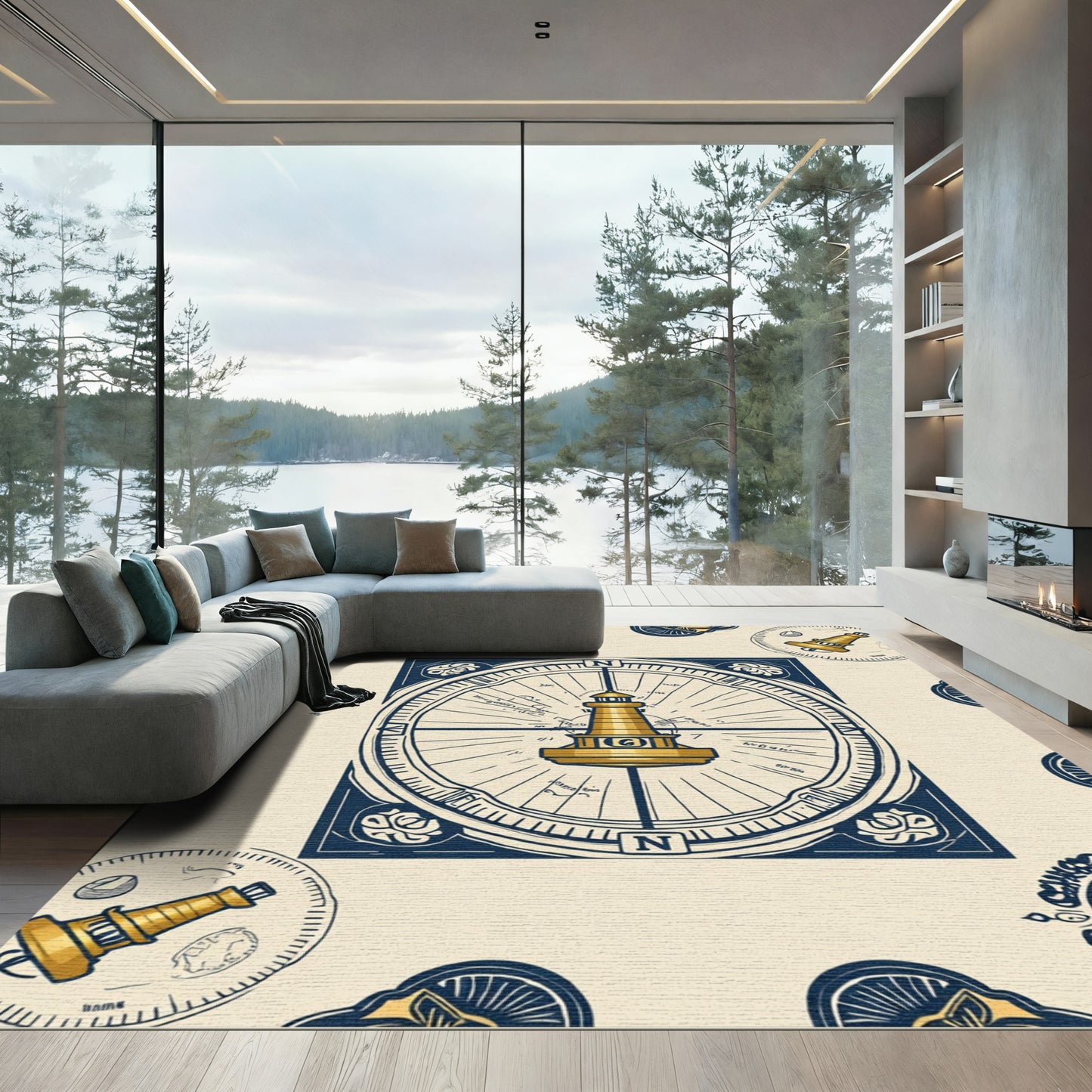 Nautical Gold Lighthouse Compass Rose Rug