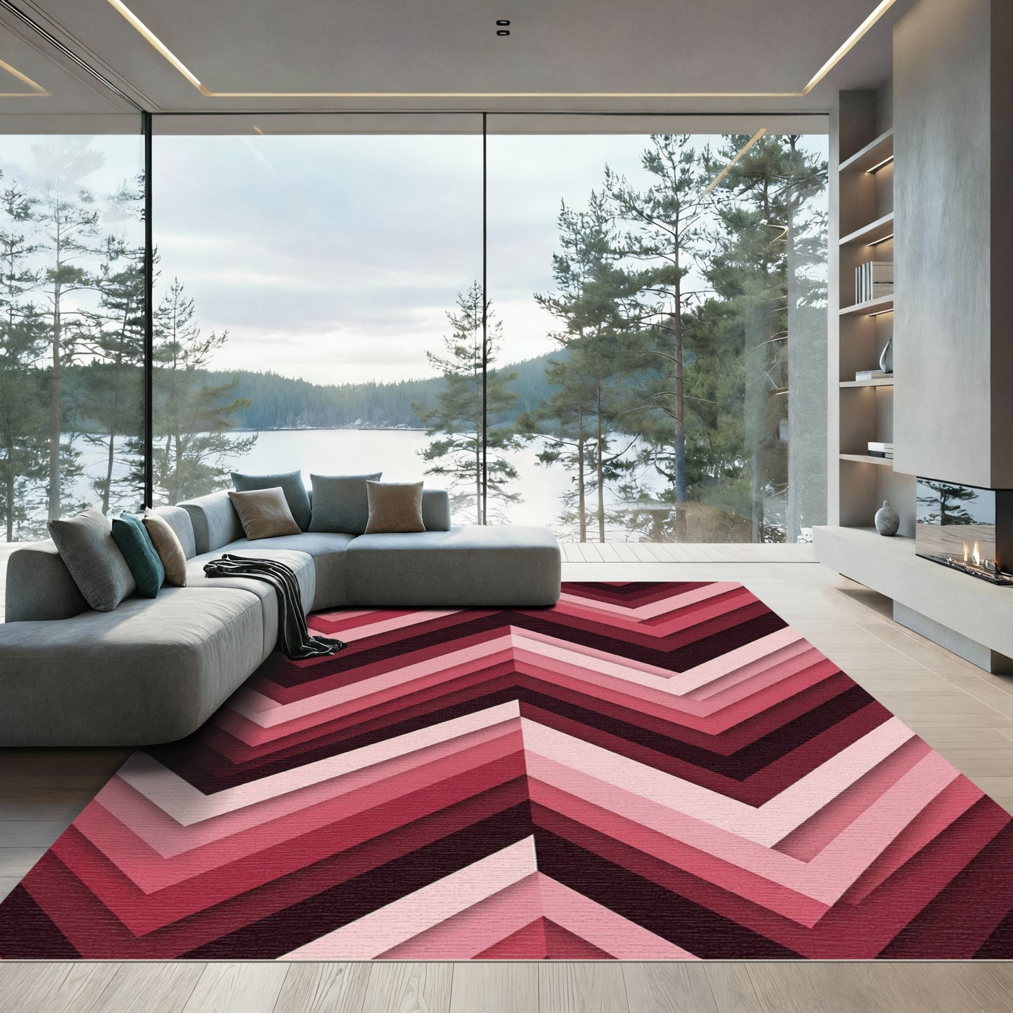 Modern Deep Red Geometric Chevron Rug