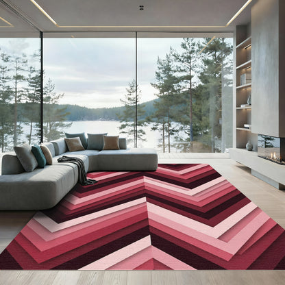 Modern Deep Red Geometric Chevron Rug