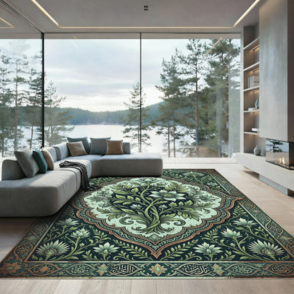 Elegant Sage Floral Medallion Illustration Rug