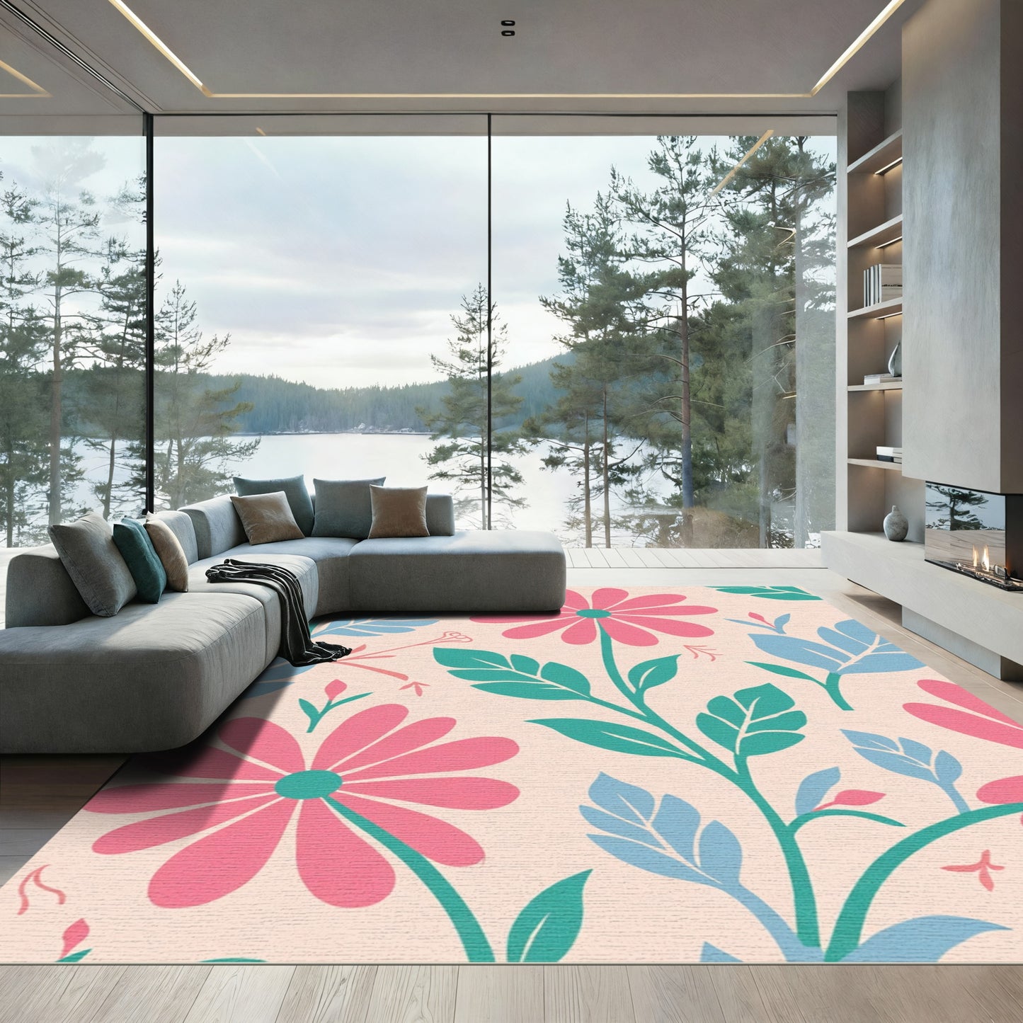 Pink Daisy Floral In Teal Blue Rug