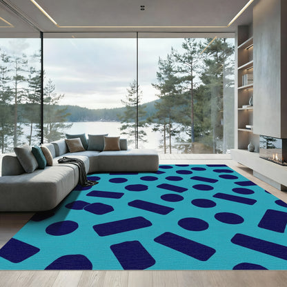 Teal Navy Abstract Circles Rectangles Rug