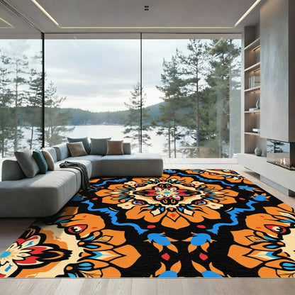 Vibrant orange white blue floral medallion Rug