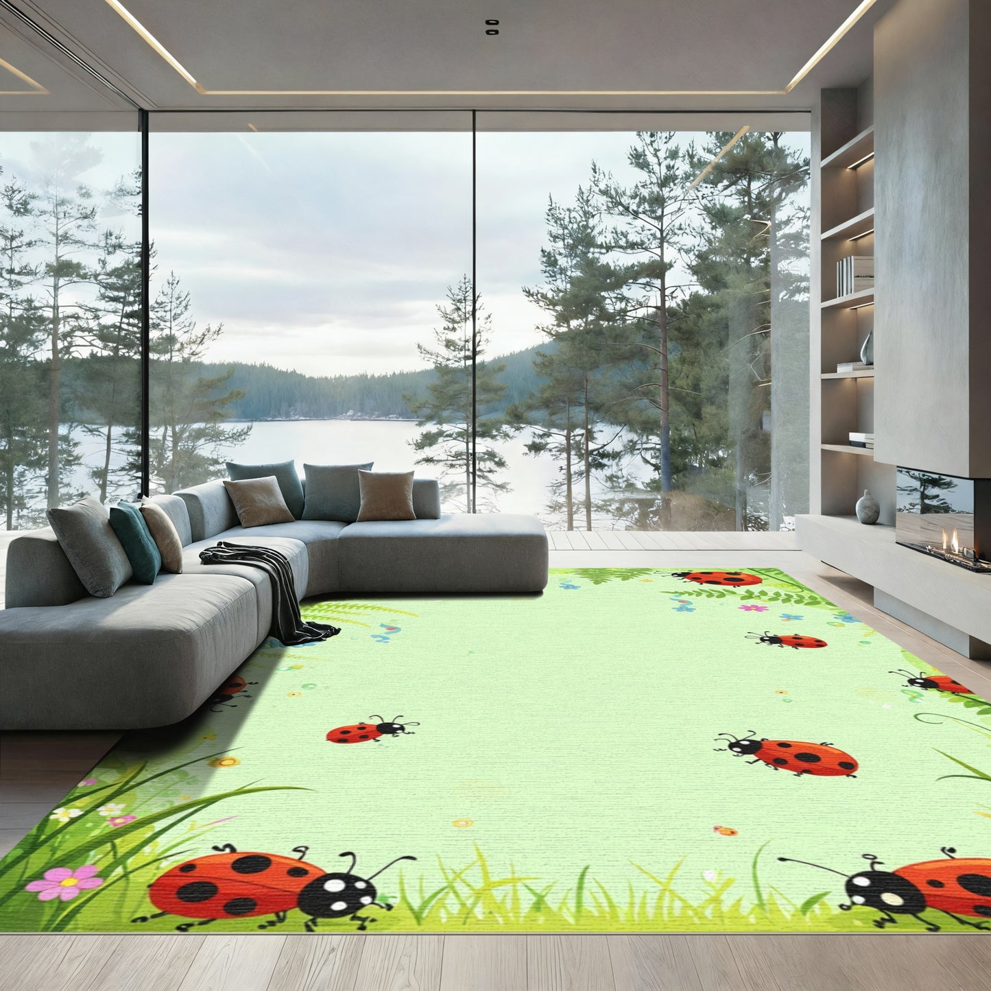 Whimsical Red Ladybugs Green Meadow Rug