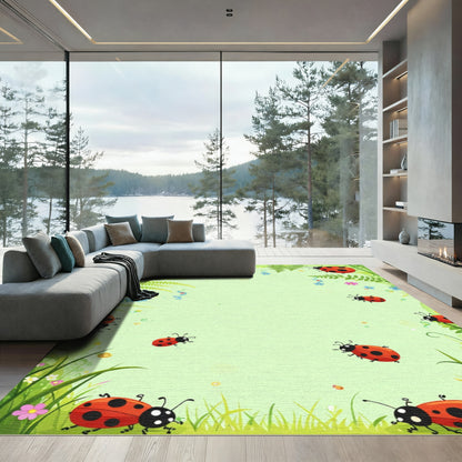 Whimsical Red Ladybugs Green Meadow Rug
